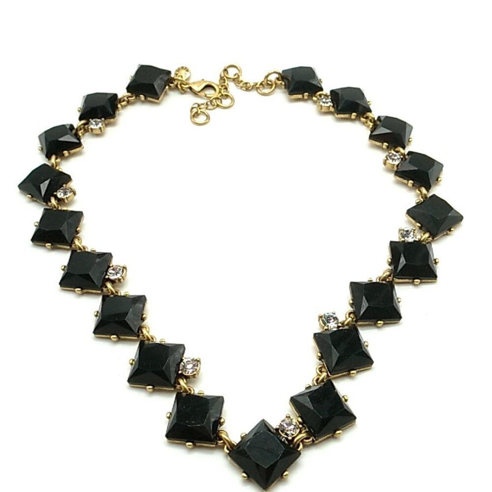 J. Crew Necklace Prong Set Black Acrylic Link Rhinestone Gold-tone Signed